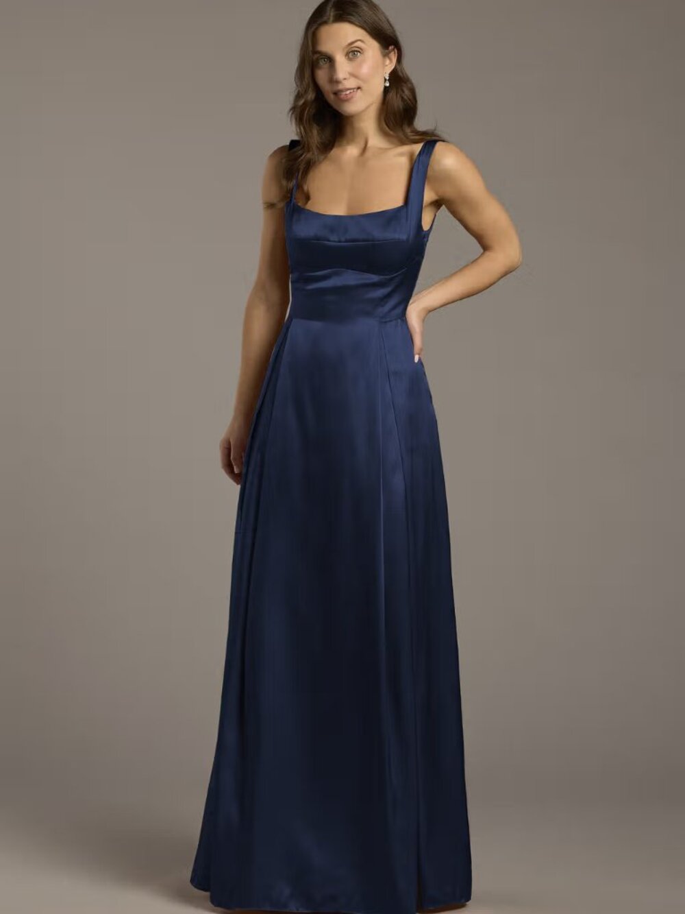 NWT David's Bridal Galina Charmeuse A-Line Dress Marine Navy Pockets Size 10
